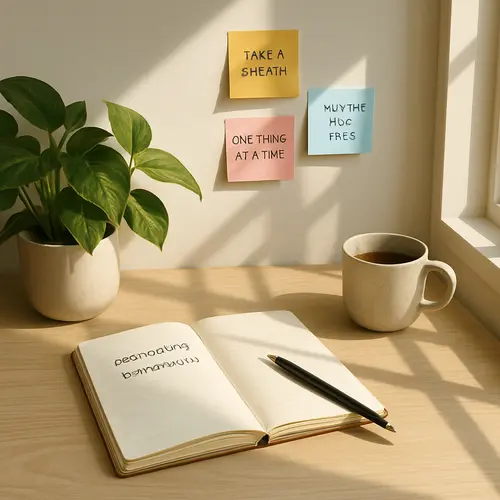A sunlit, organized desk with a cup of tea, sticky notes, a tidy notebook, and a leafy plant. The space is open and tranquil, symbolizing clarity and overcoming overwhelm.