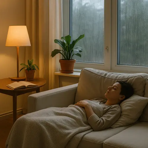 A cozy room with a person resting on a soft couch under a light blanket, surrounded by plants, books, and a warm lamp. The feeling is peaceful and nurturing, inviting deep rest and relaxation.