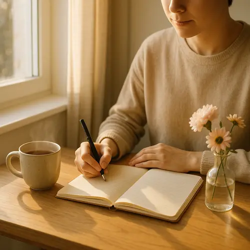A soft, sunlit space with a person journaling, a mug of tea, and gentle flowers nearby. The scene evokes warmth, self-care, and quiet kindness.