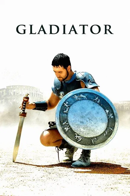 Russell Crowe as Maximus in Gladiator, battered and triumphant in the Colosseum’s golden light, gripping a sword with resolve.