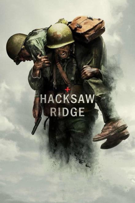 Hacksaw Ridge film cover featuring Desmond Doss carrying a wounded soldier during the Battle of Okinawa