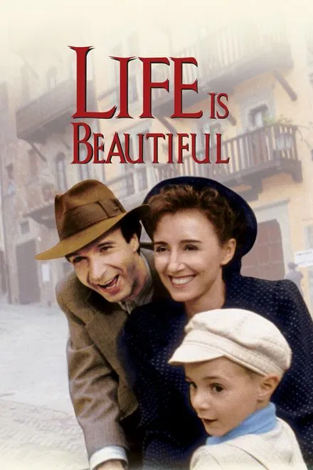 Roberto Benigni as Guido in Life Is Beautiful, grinning while pushing his son in a makeshift cart through a sunlit camp.