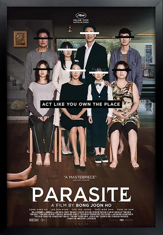 The cast of Parasite, with black bars over their eyes, stand amid the split-level architecture of the Park mansion and shadowy basement.