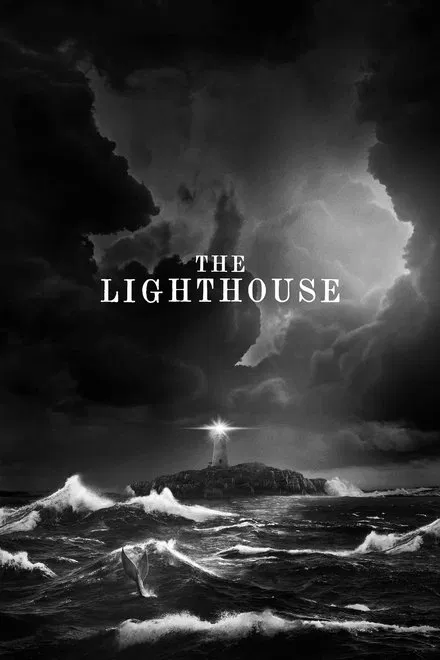 Willem Dafoe and Robert Pattinson in The Lighthouse, silhouetted by harsh light and swirling fog, with seagulls overhead.