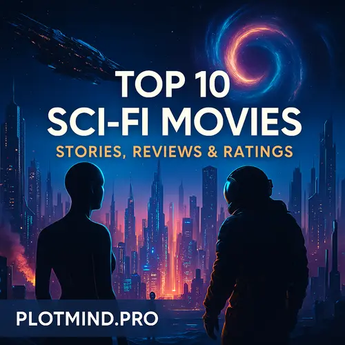 Top 10 Sci-Fi Movies banner: Futuristic cityscape, glowing spaceships, time travel motifs, android silhouette, and PlotMind.Pro at the bottom left.
