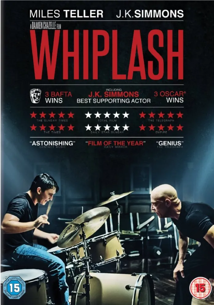 Miles Teller as Andrew, drums blurred in motion, with J.K. Simmons as Fletcher looming under harsh stage lights.