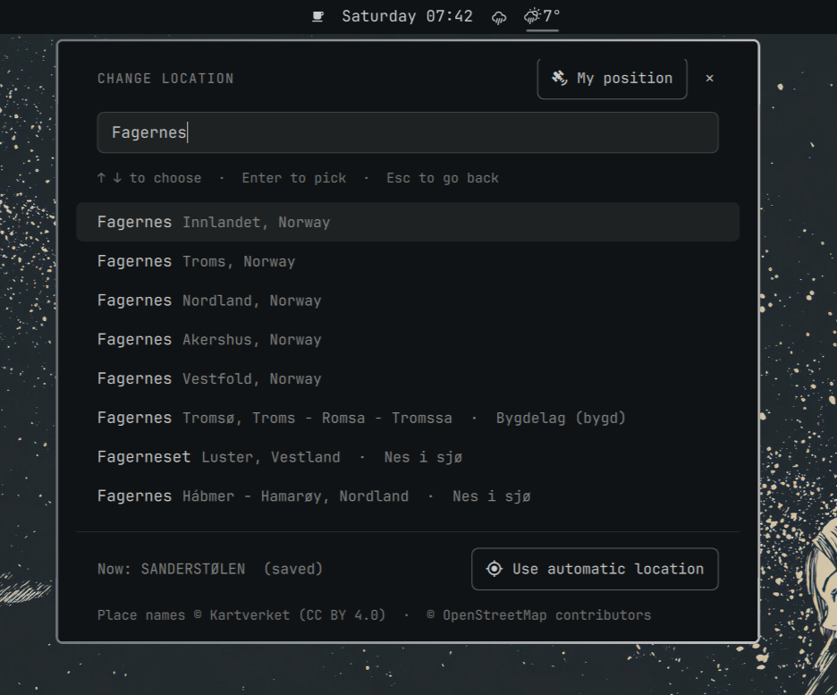 Search view: Open-Meteo and Kartverket matches, GPS button, back to automatic location