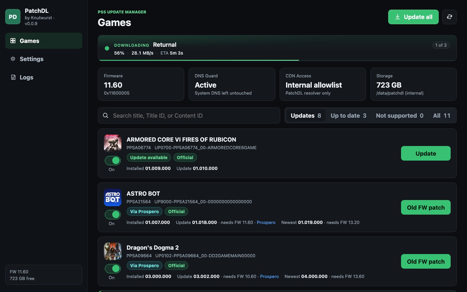 Games view with a running download