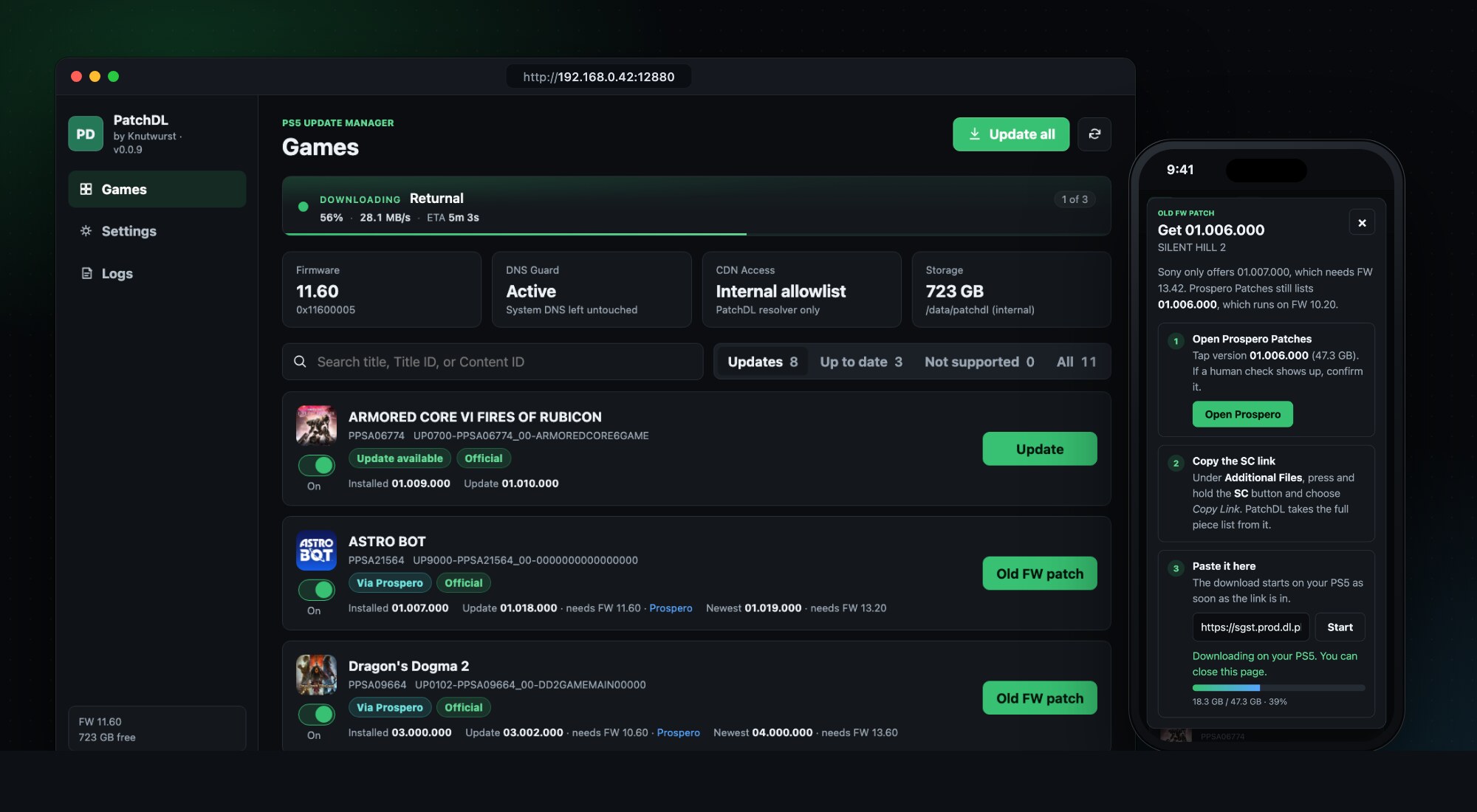 PatchDL in a desktop browser and on a phone, downloading a game update