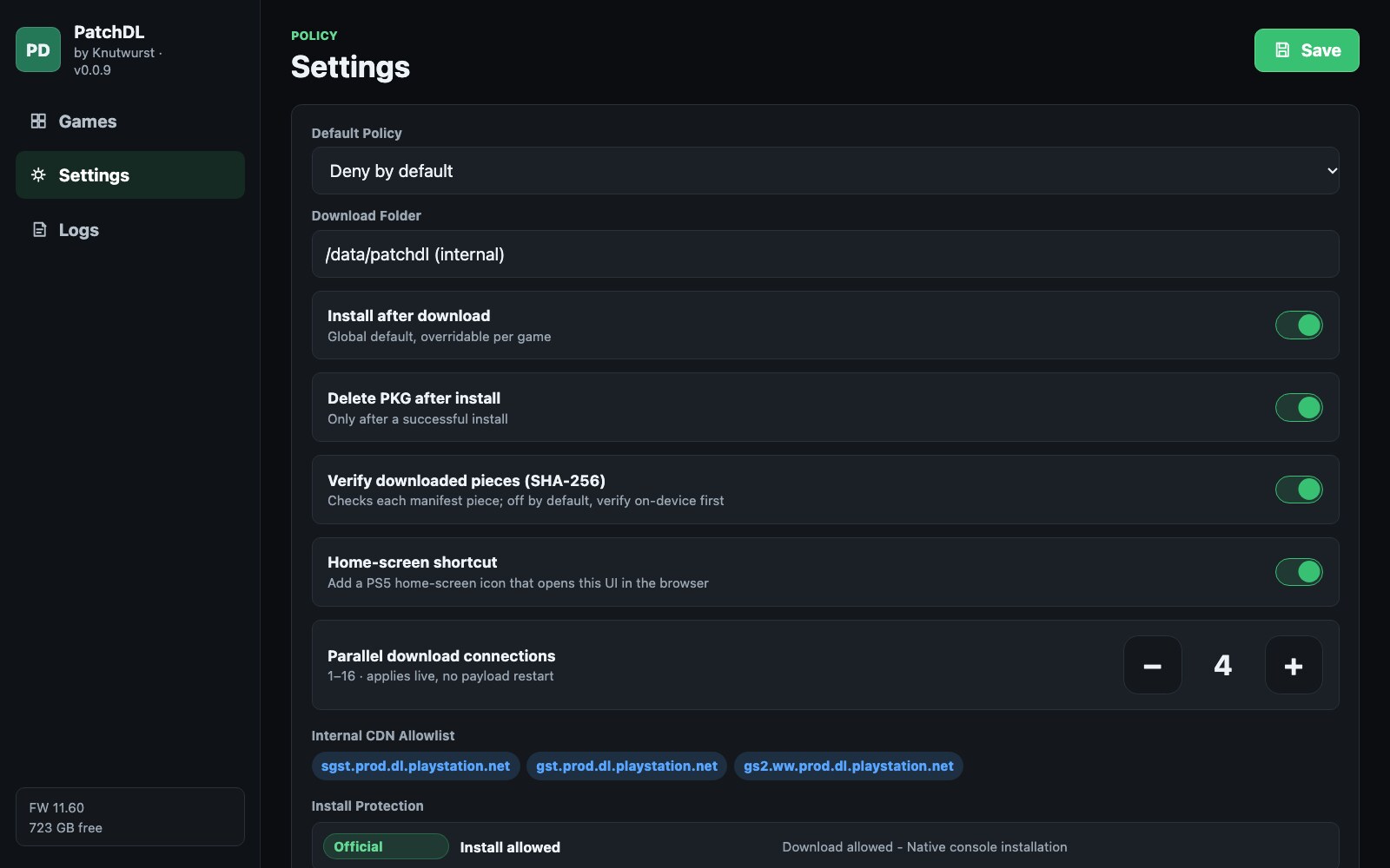 Settings view