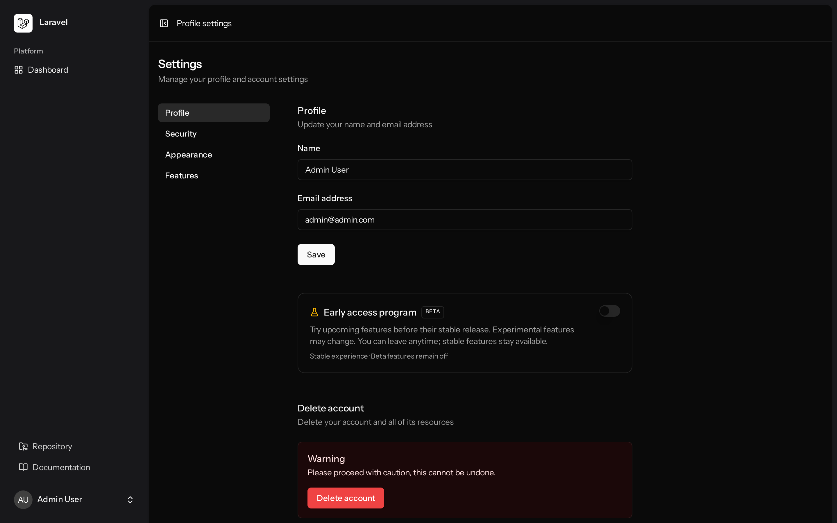 User Security Settings