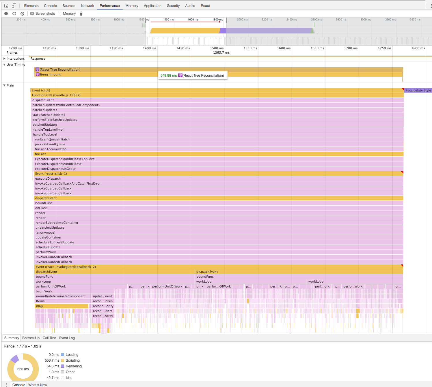 React Fiber function call stack with 10000 items (sync)