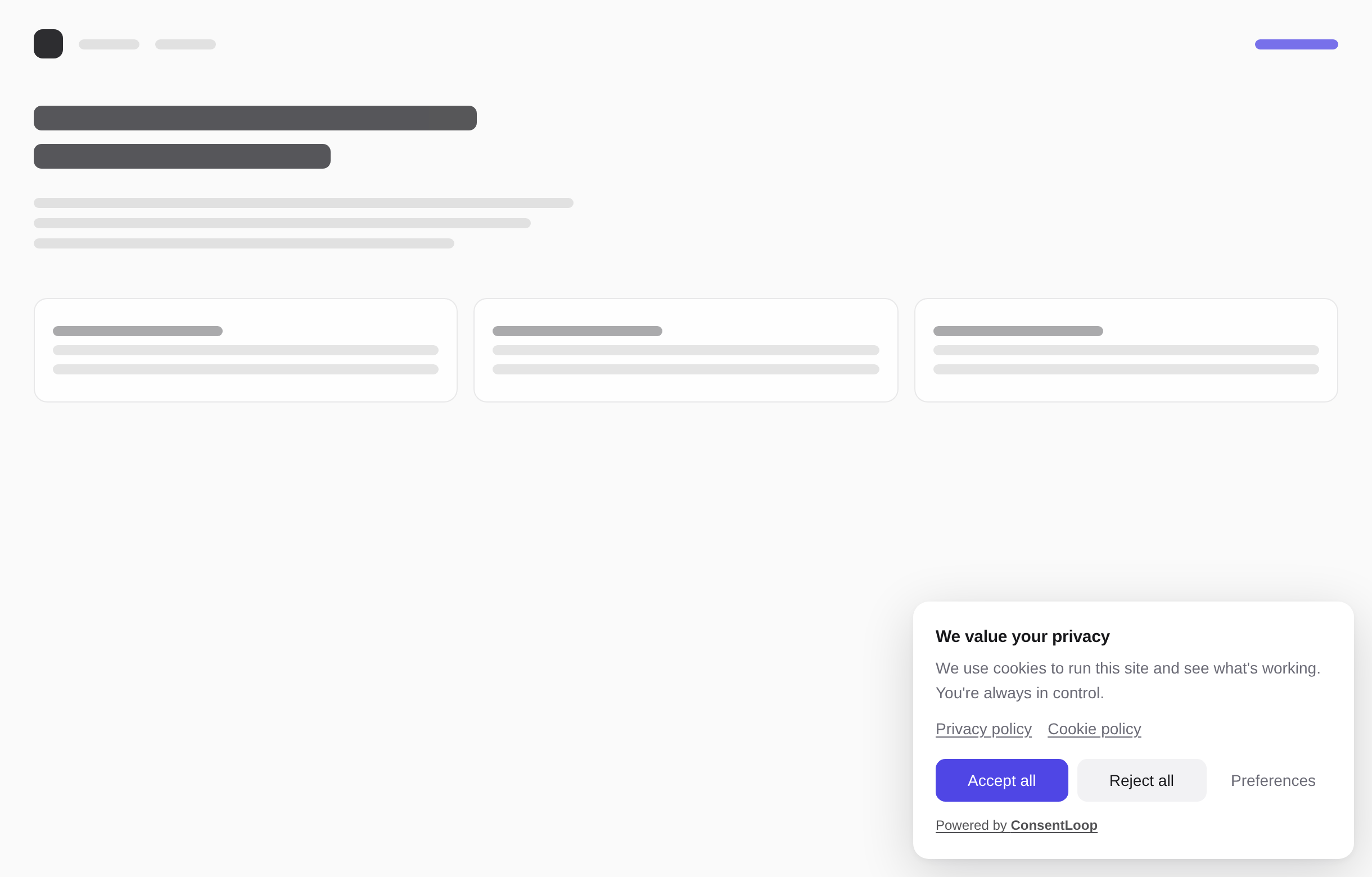 ConsentLoop cookie consent banner shown on a website