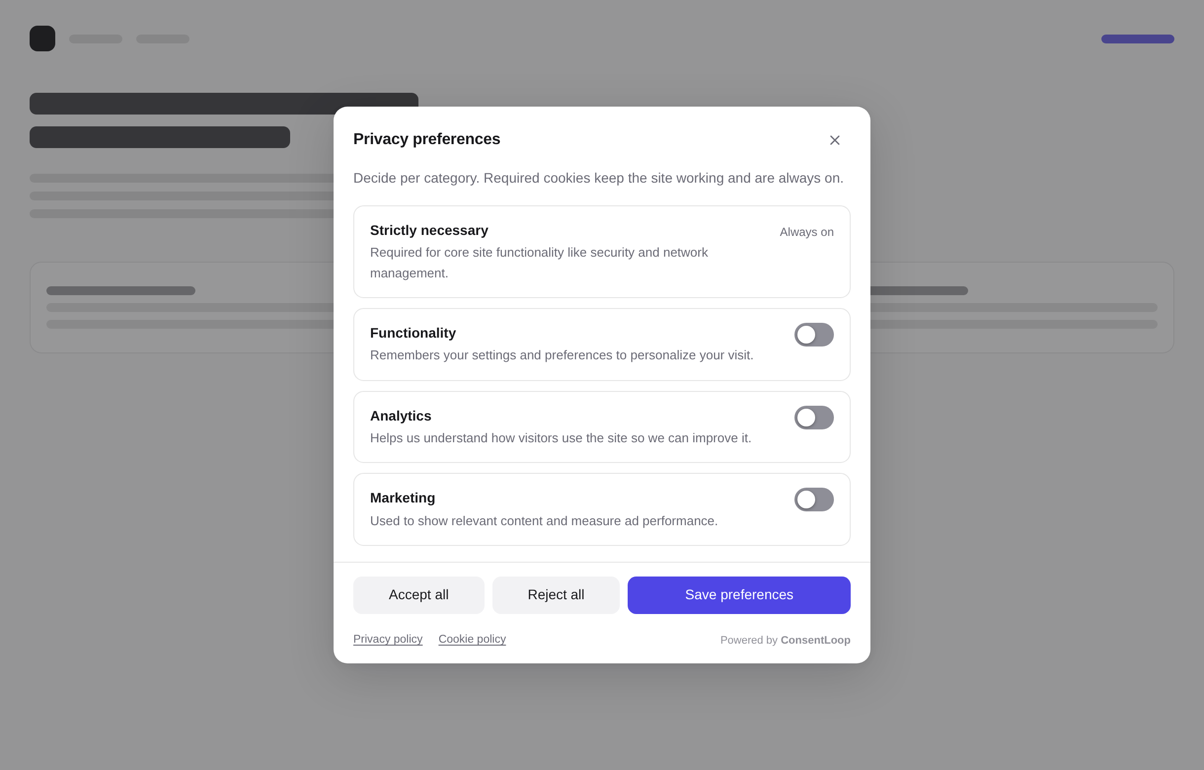 ConsentLoop privacy preferences dialog with per-category toggles