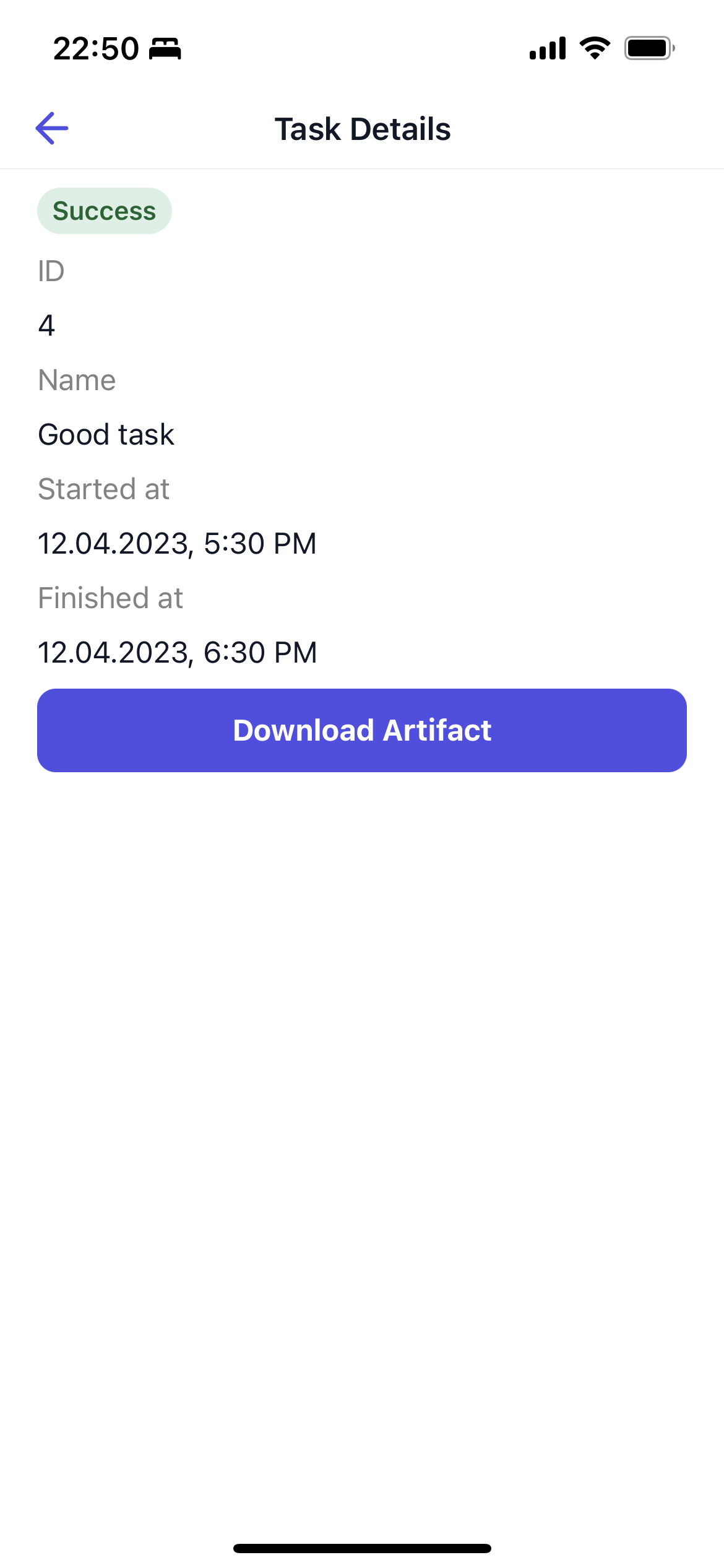 task details success download artifact screen