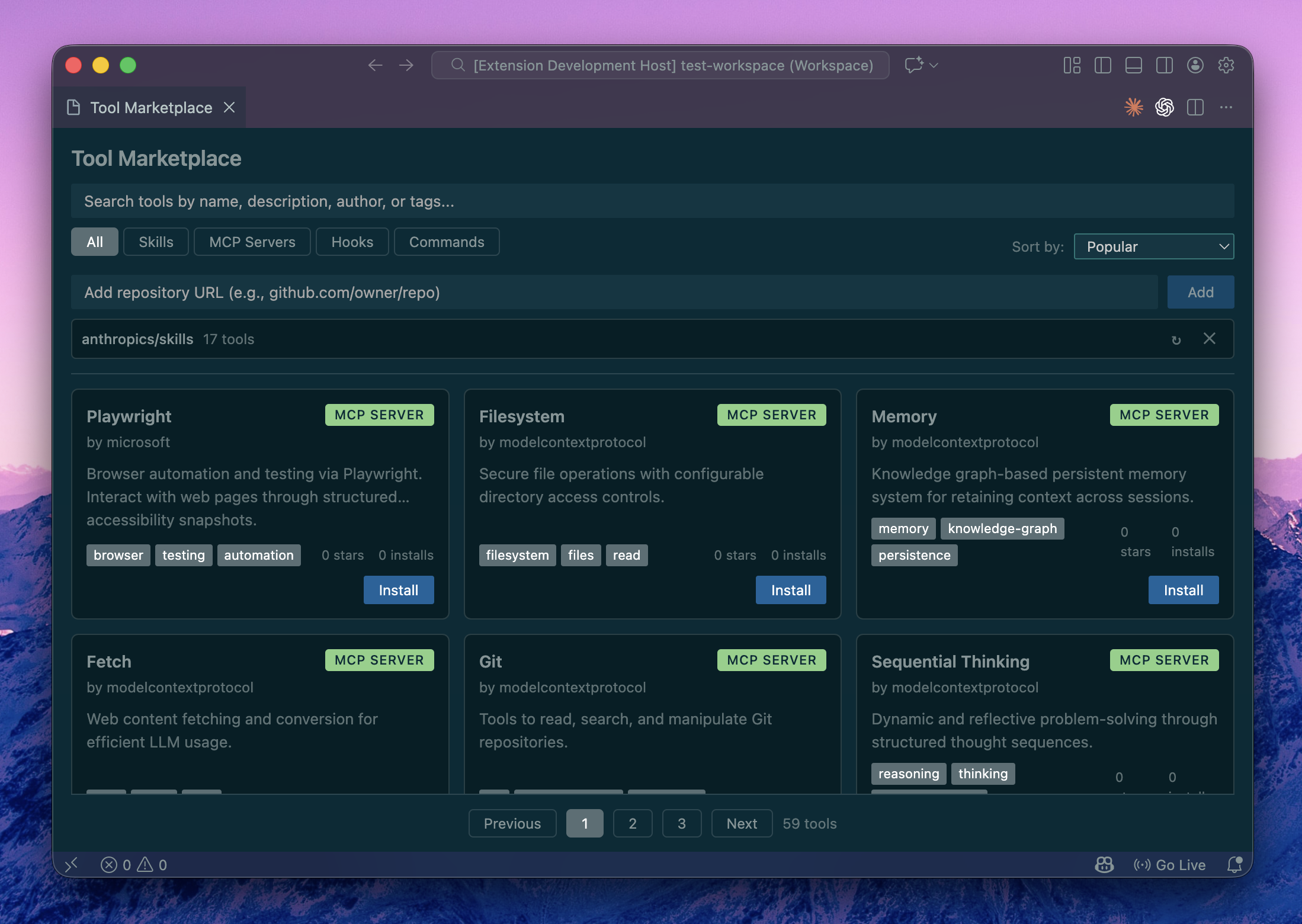 ACK marketplace panel browsing community tools