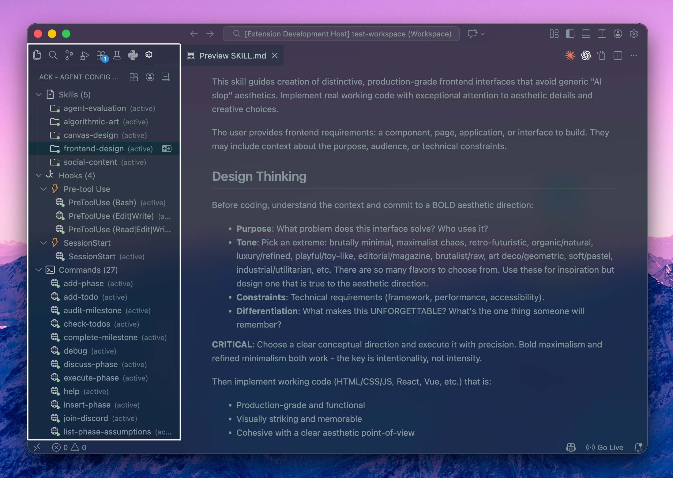 ACK sidebar showing the tool tree with MCP servers, slash commands, and hooks organized by scope