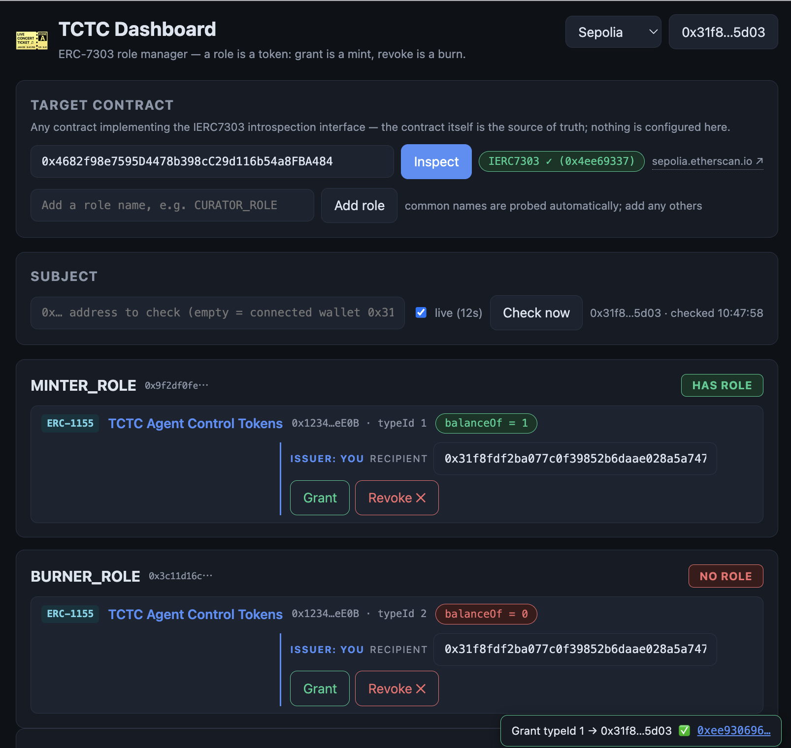 TCTC Dashboard — inspecting a target's roles, with live hasRole verdicts and issuer grant/revoke controls