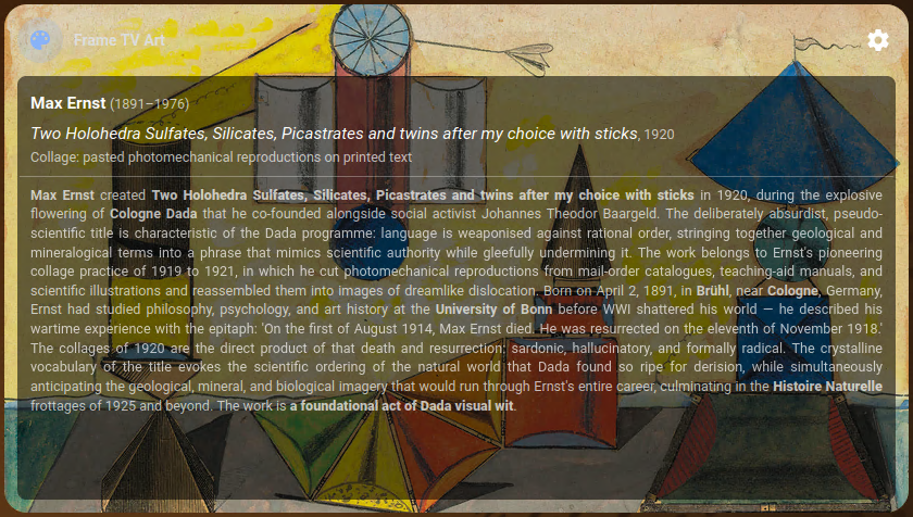 Card showing current artwork with artist and title metadata