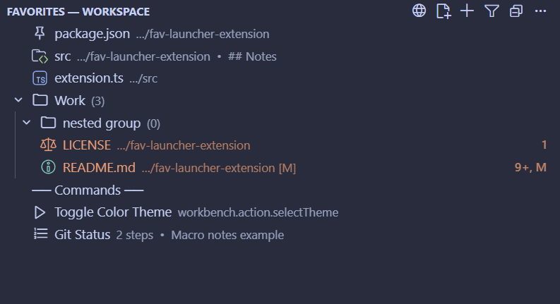 Favorites panel showing files, groups, commands and macros