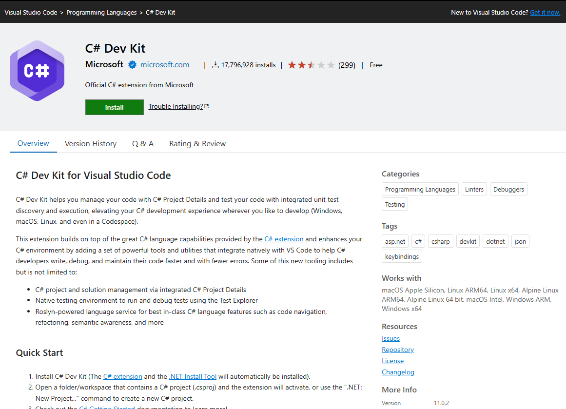 screenshot of the C# Dev Kit plugin on the Visual Studio Code extension marketplace