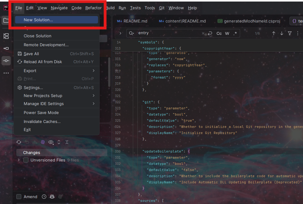 Screenshot of the File → New Solution dialog in the Jetbrains Rider IDE outlined by a red rectangular outline