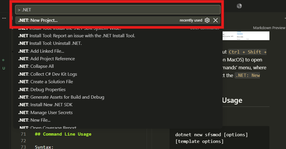 Screenshot of the Show and Run Commands menu in Visual Studio code with various commands for .NET listed, with "New Project" outlined by a red rectangular outline