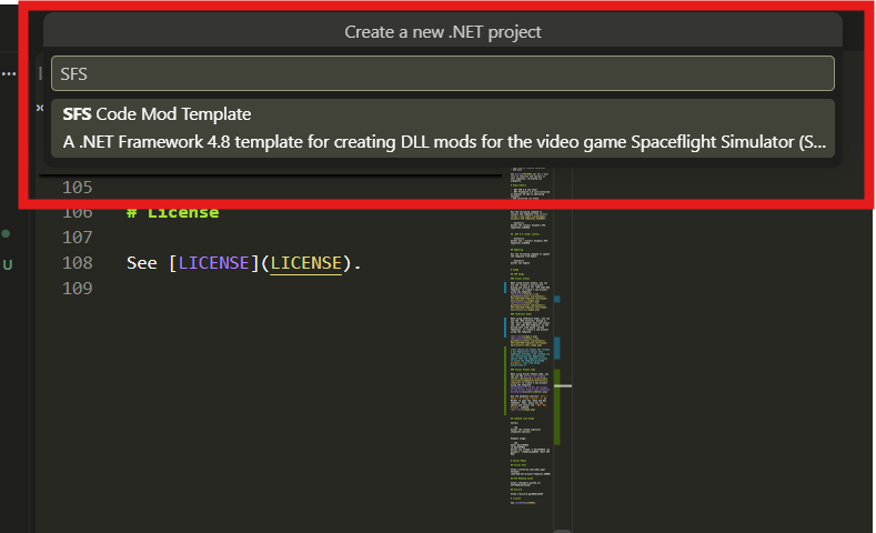 The SFS Code Mod Template listed in the "Create a New Project" dialog/menu in Visual Studio code outlined by a red rectangular outline