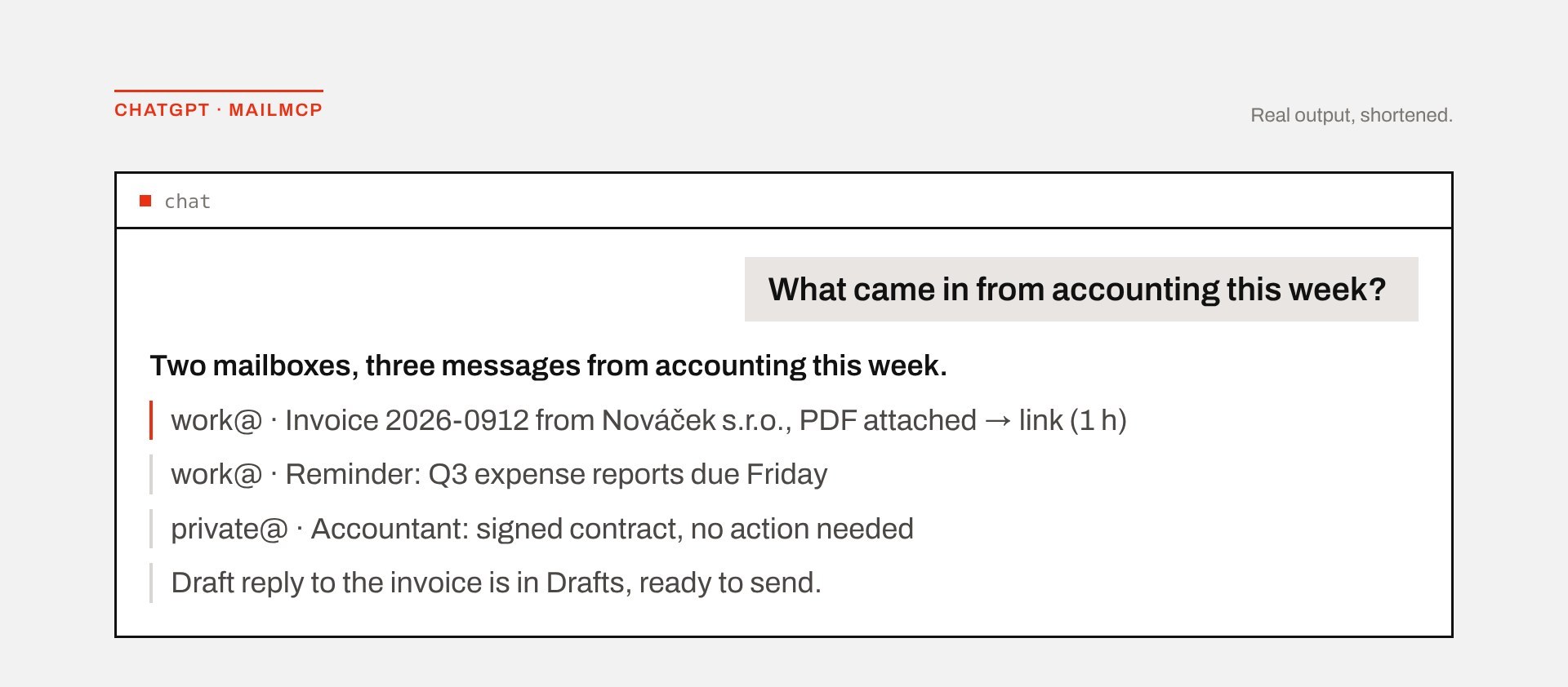 One question across two mailboxes: three messages from accounting, the invoice as a link, a draft reply ready to send.