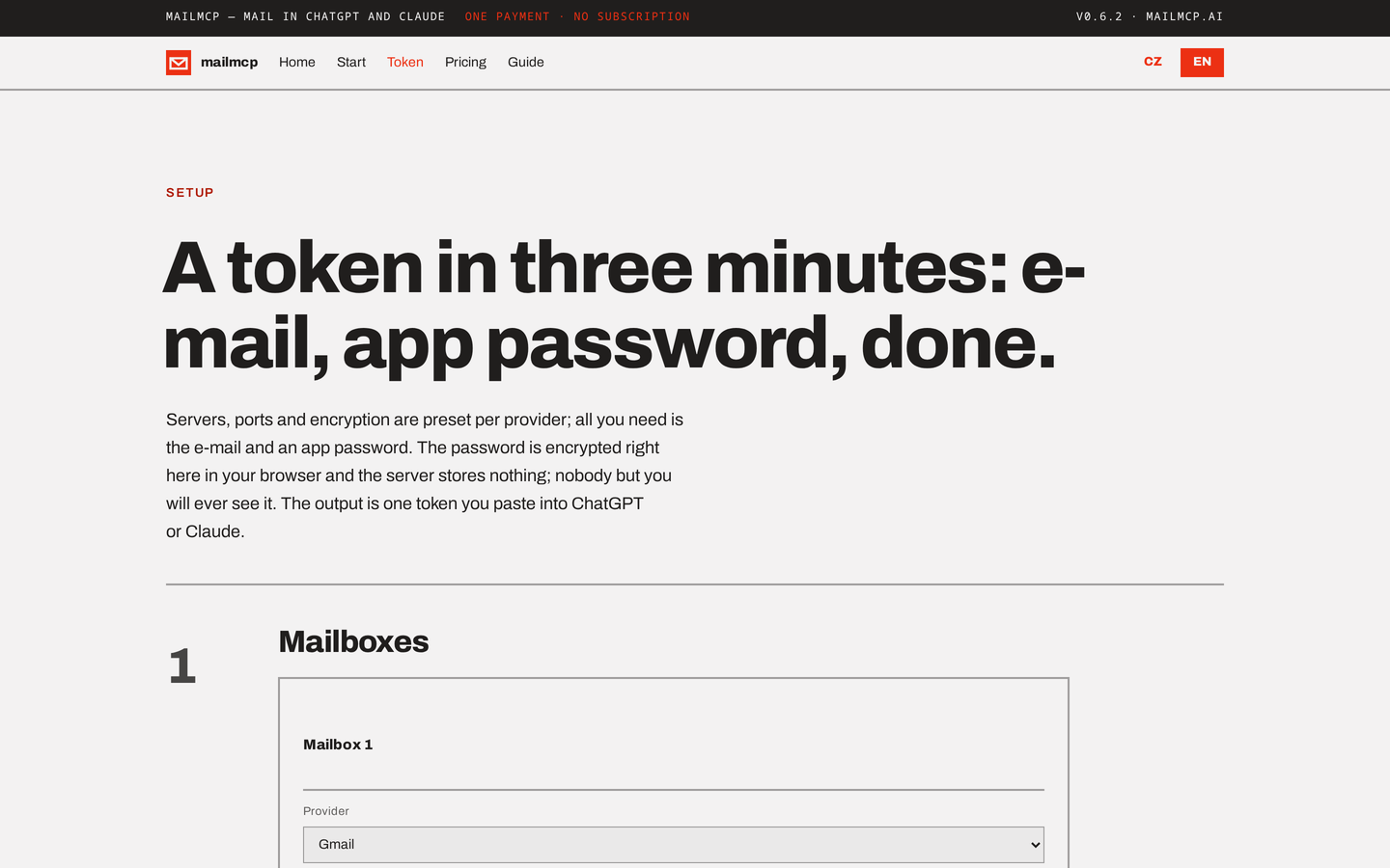 The setup page: provider, e-mail, app password, permissions. The password is encrypted before it leaves the browser.