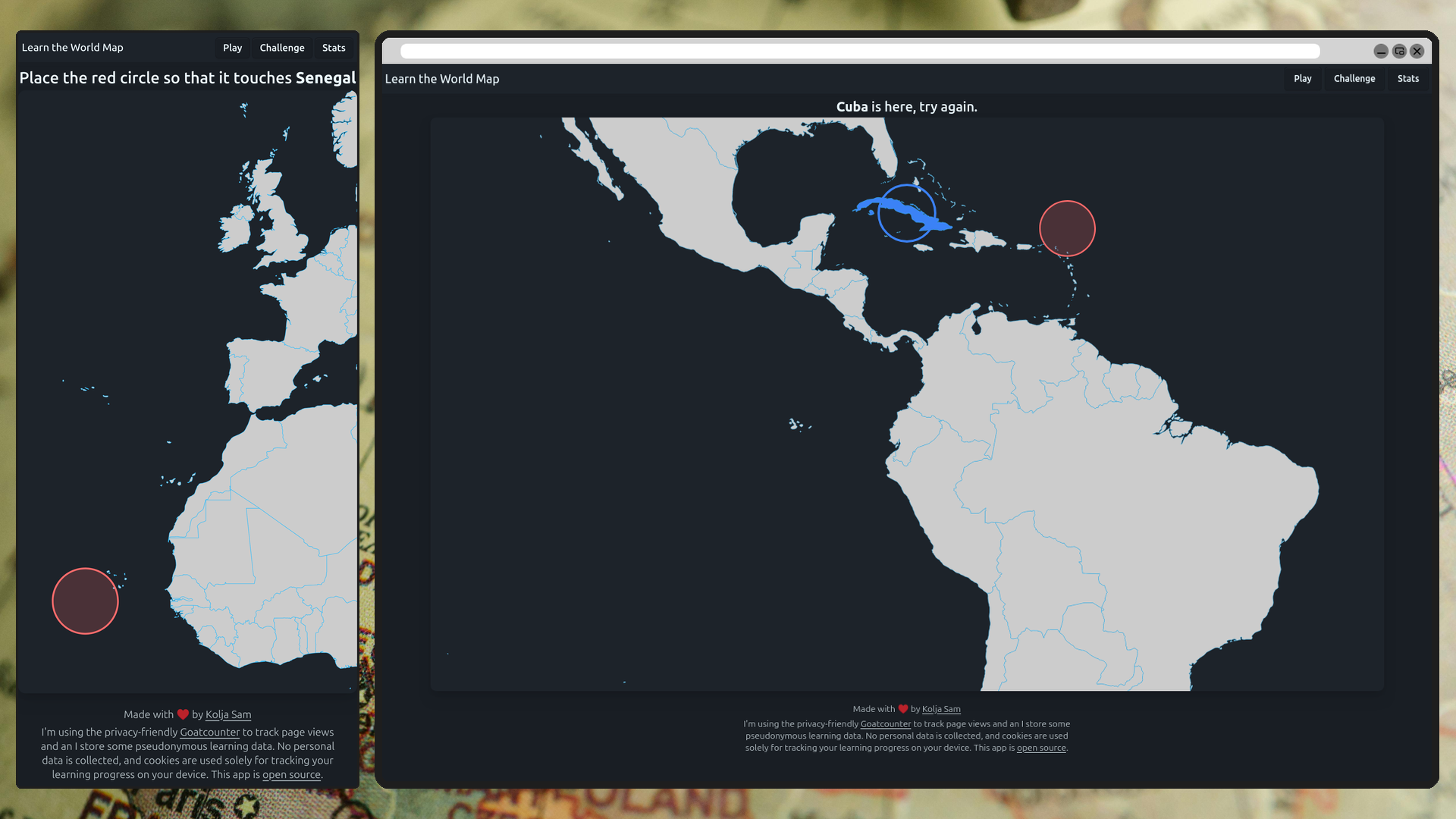 screenshot of the app showing excerpts from the worldmap where the user is challenged to select a country