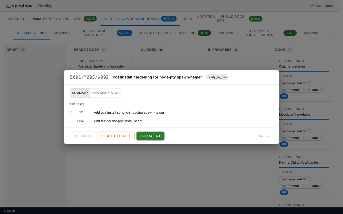 ready_to_dev modal with Run agent