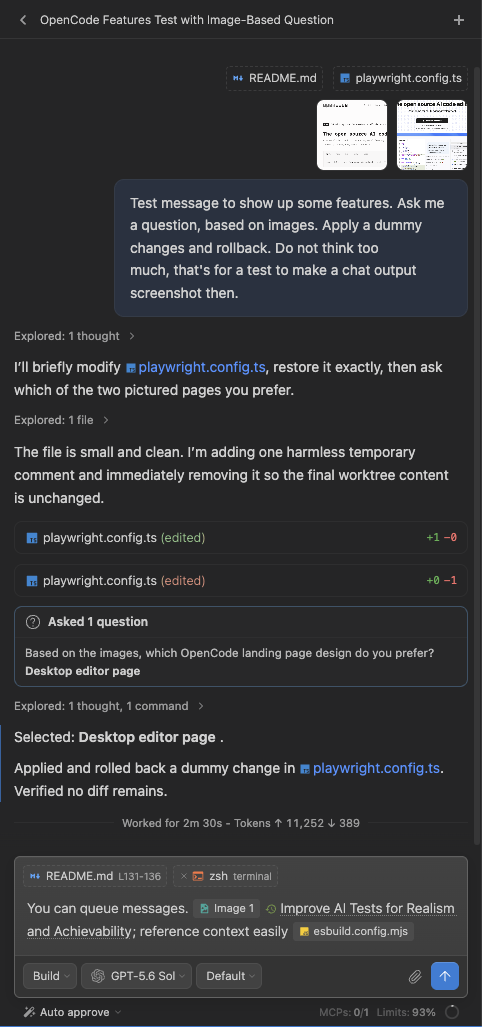 Chat output, attached context, file changes, and inline questions