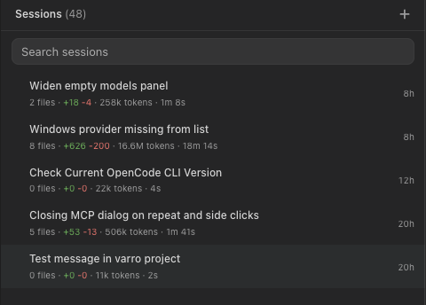 Workspace sessions with status, token, and change summaries