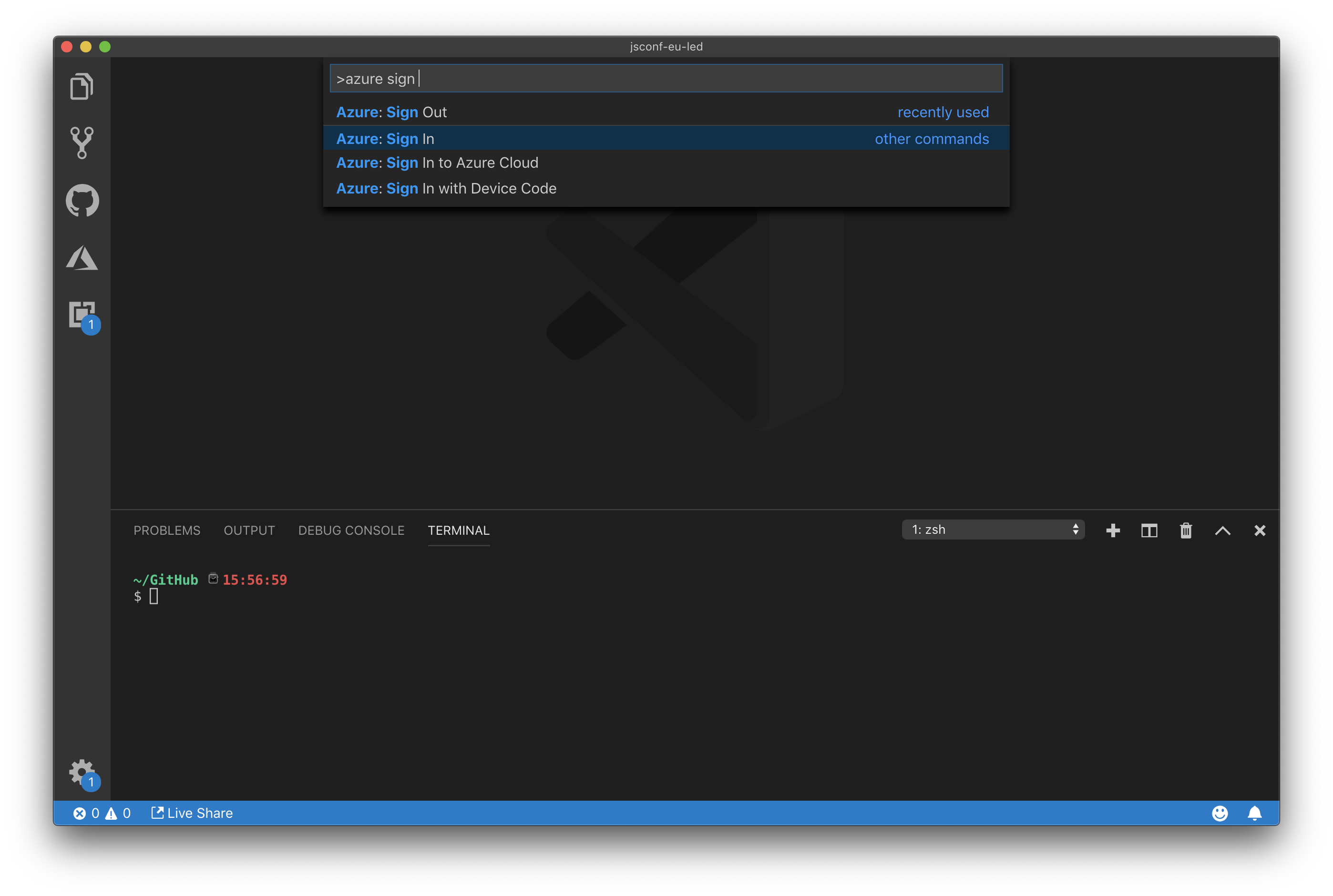 Screenshot of the VS Code Command Pallete displaying the Azure: Sign in option
