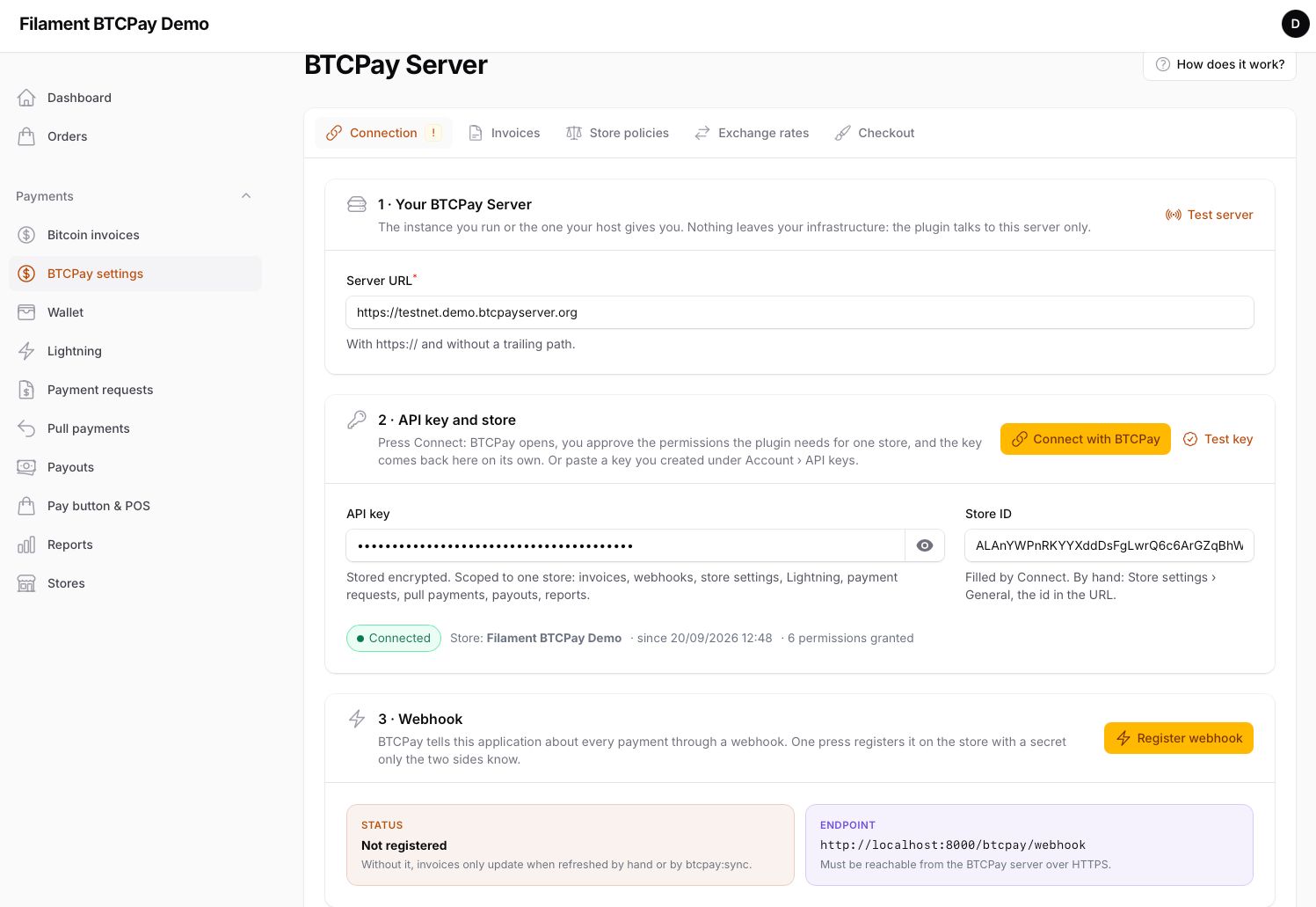 Settings — server, Connect with BTCPay, webhook