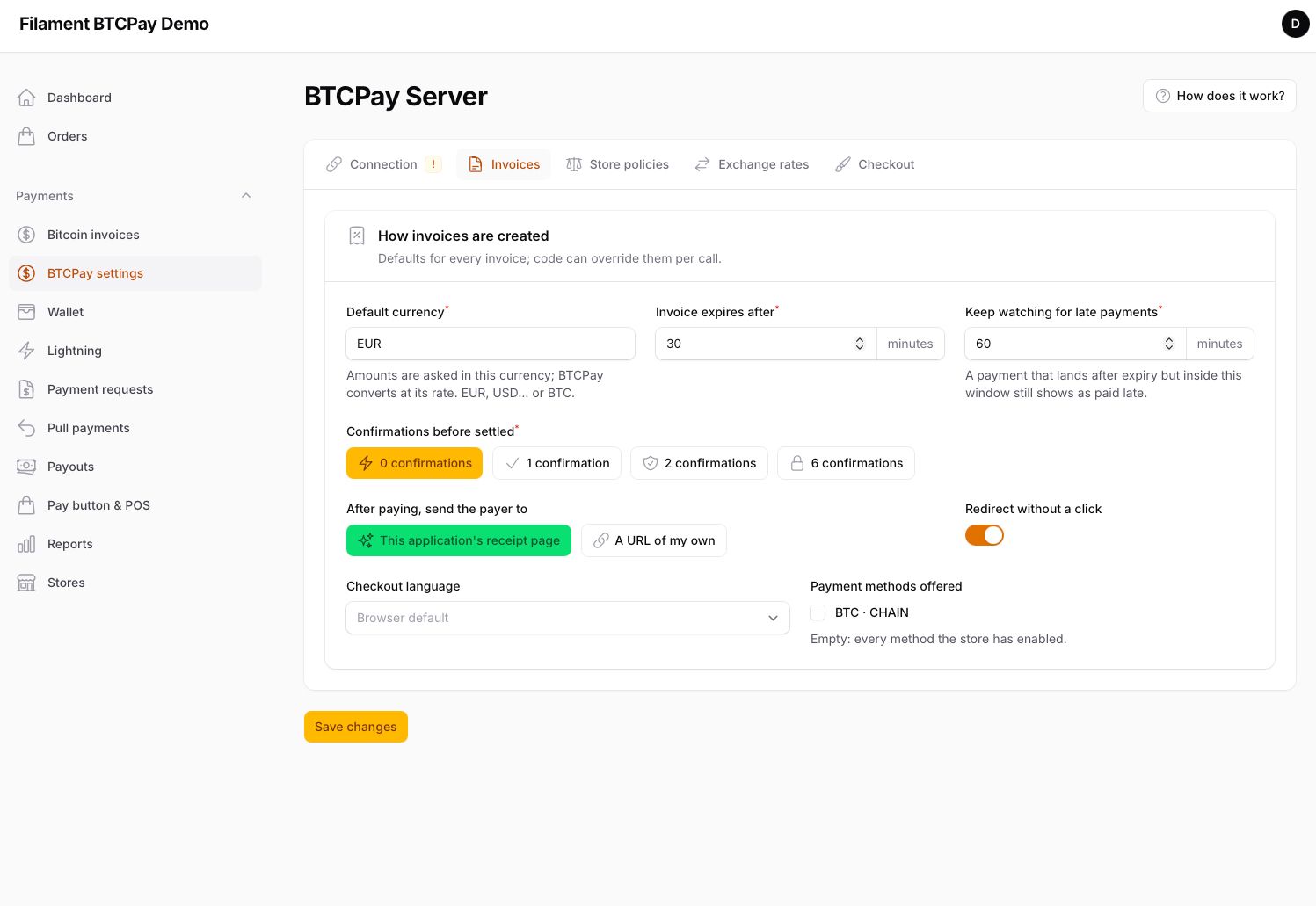 Settings — how invoices are created, store policies, exchange rates