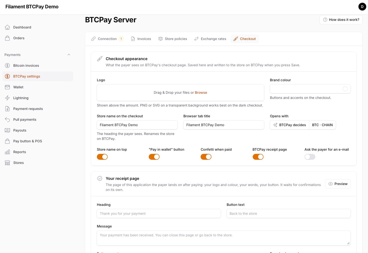 Settings — checkout appearance, written to the store