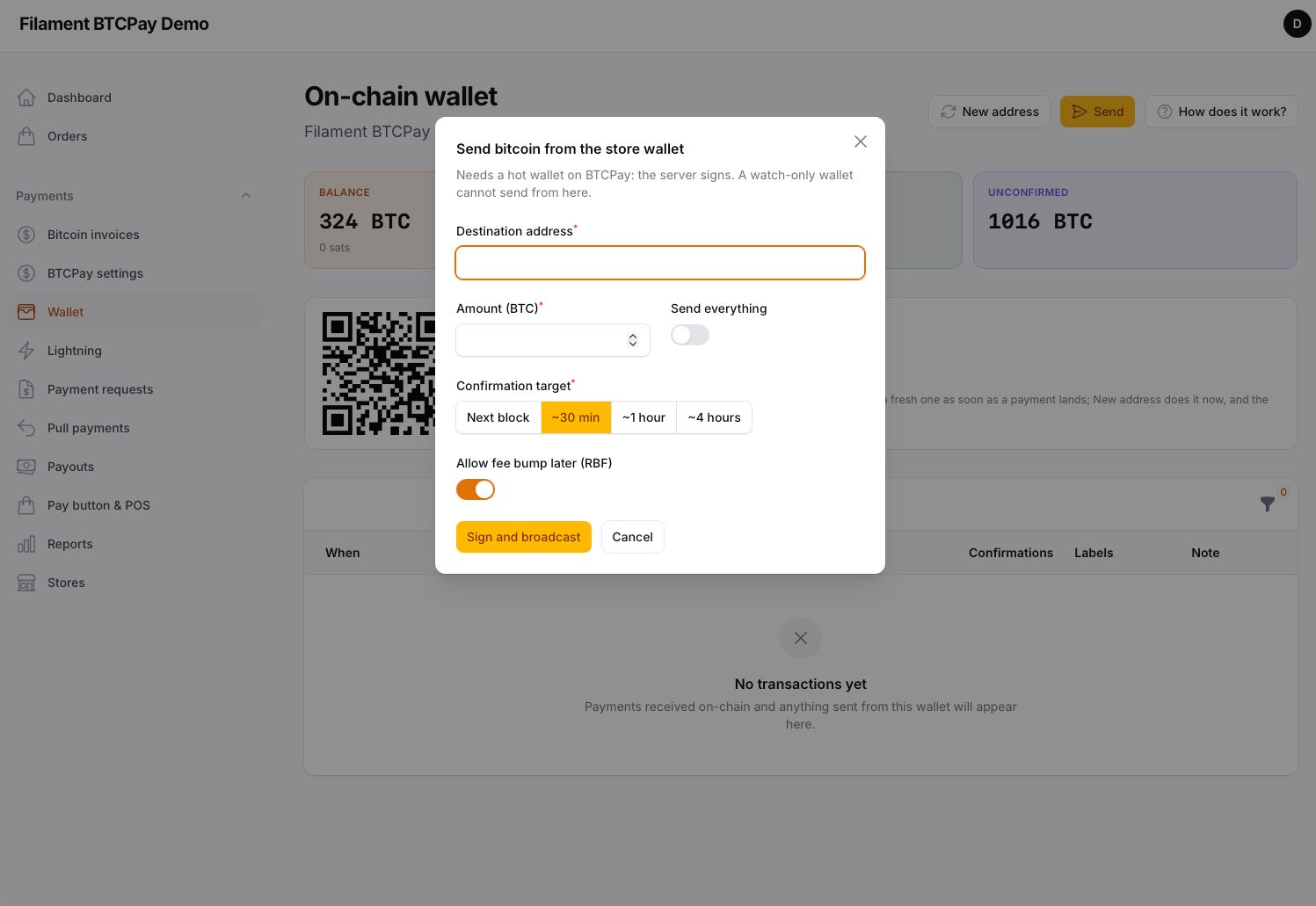 Bitcoin invoices — list with status, payments and store