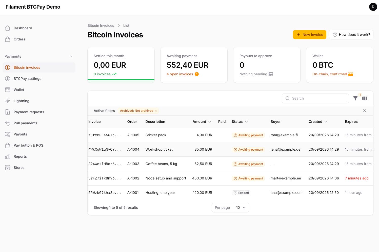 Invoice — settled, with the Lightning payment and the Refund action