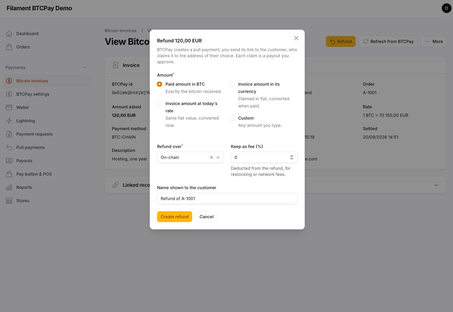 Refund — amount, method, fee kept