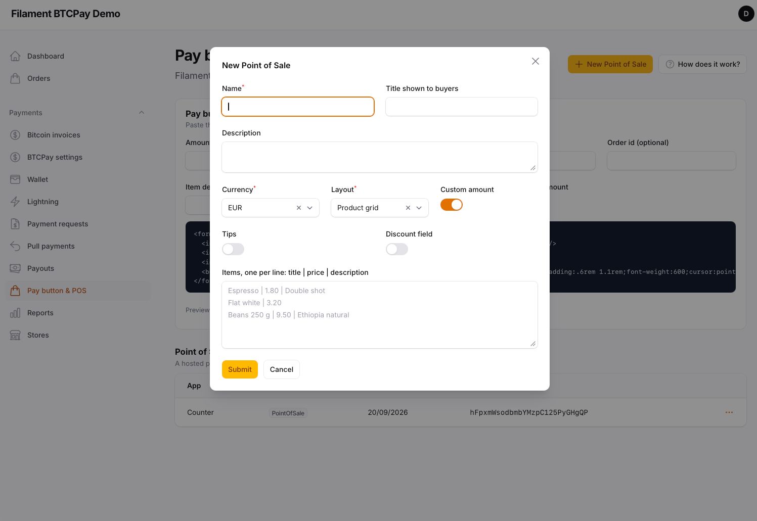 Pay button & POS — the snippet and the store's apps