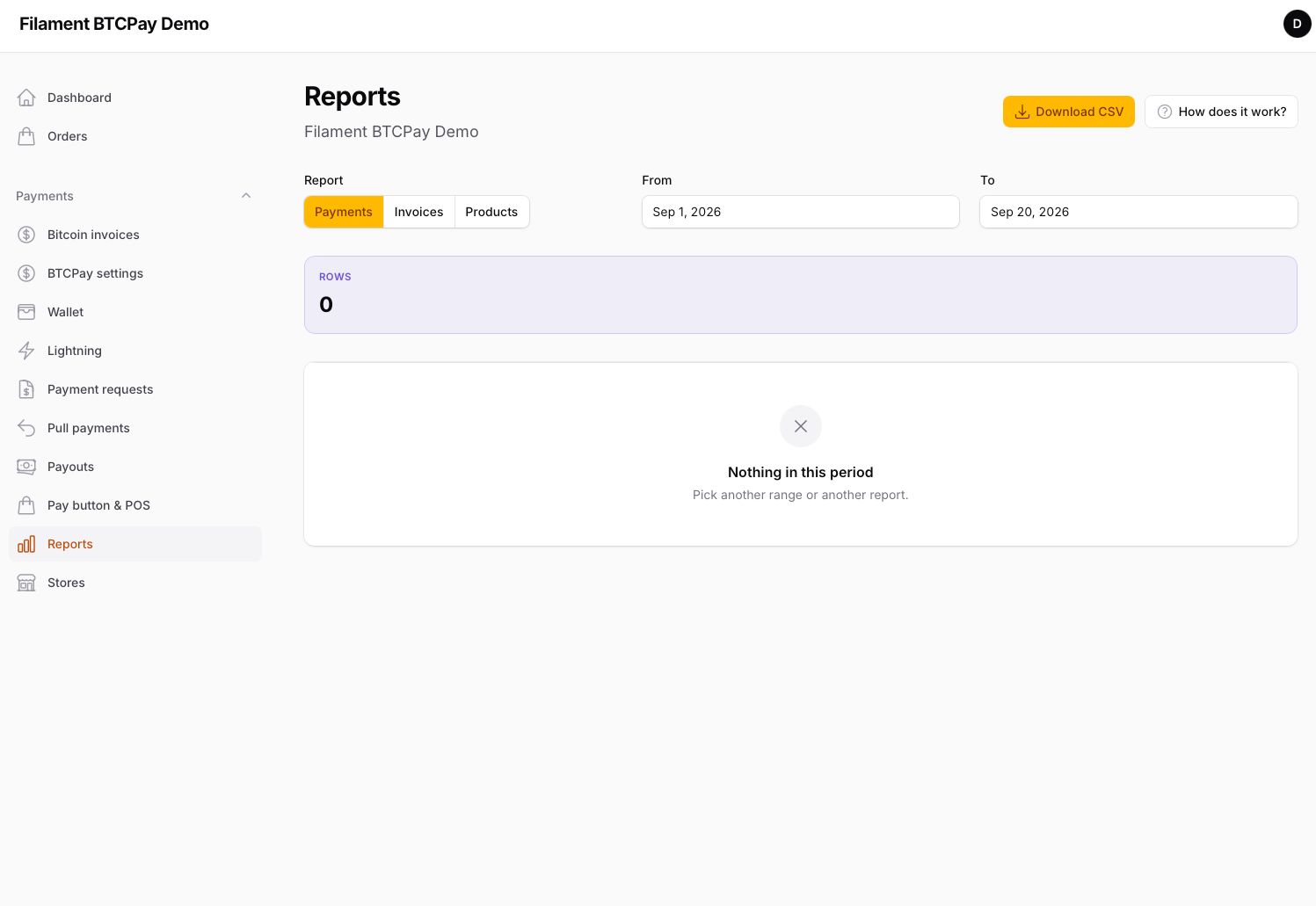 Reports — period totals and CSV