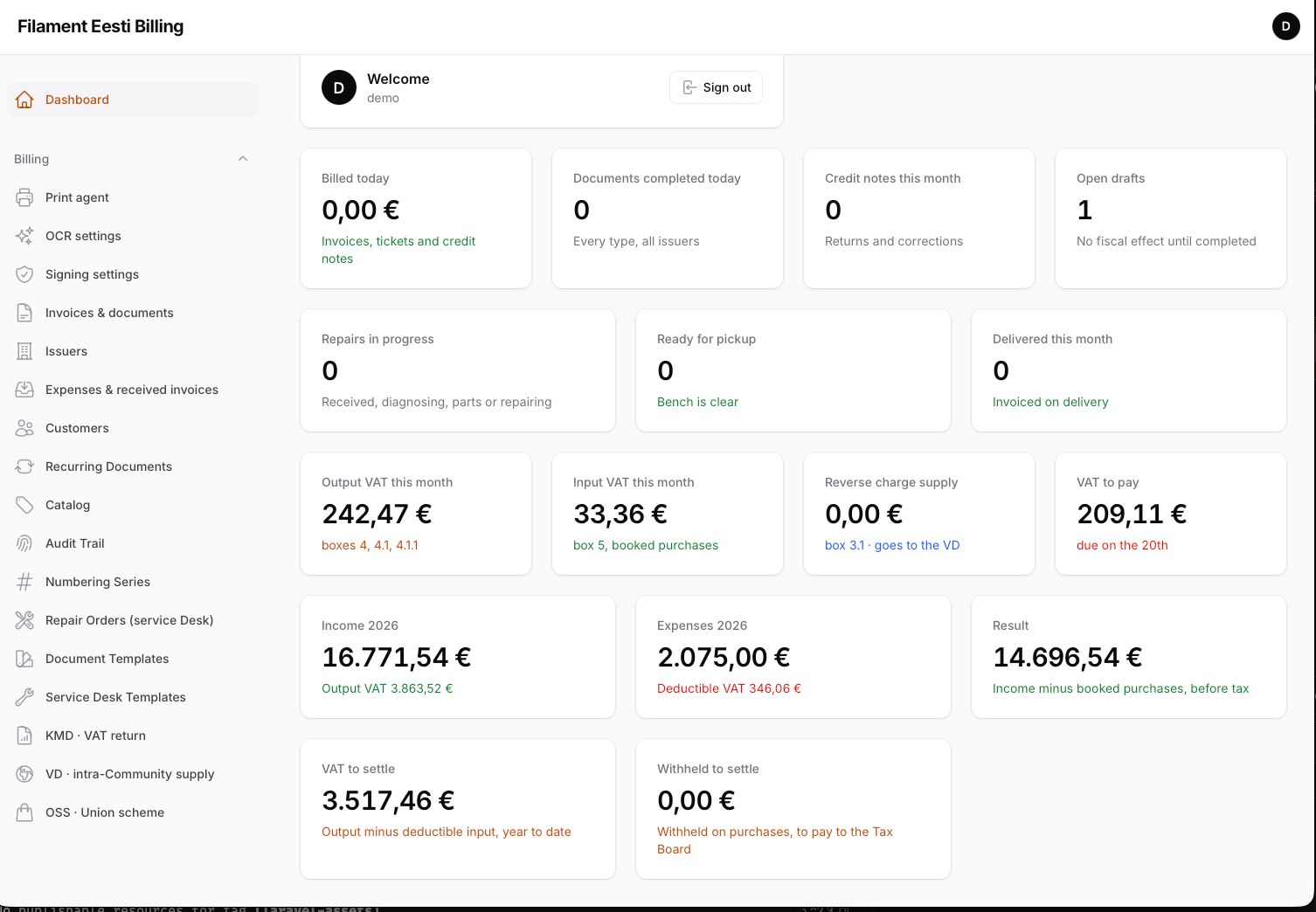 Dashboard — financial summary and VAT position