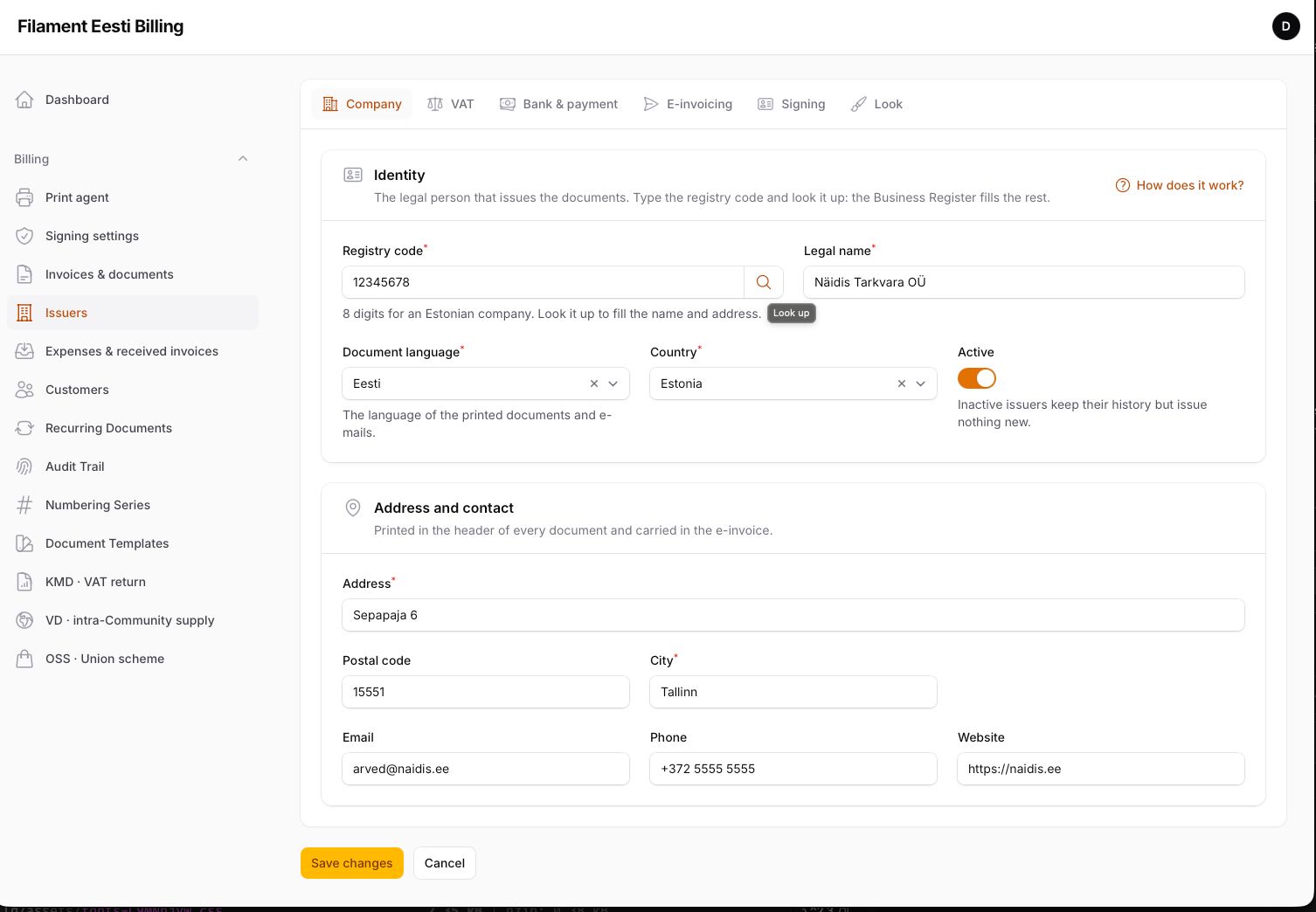 Issuer — company tab with Business Register lookup