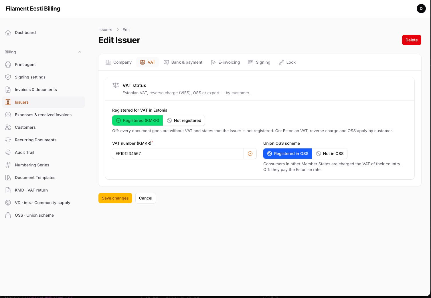 Issuer — VAT status, KMKR and OSS