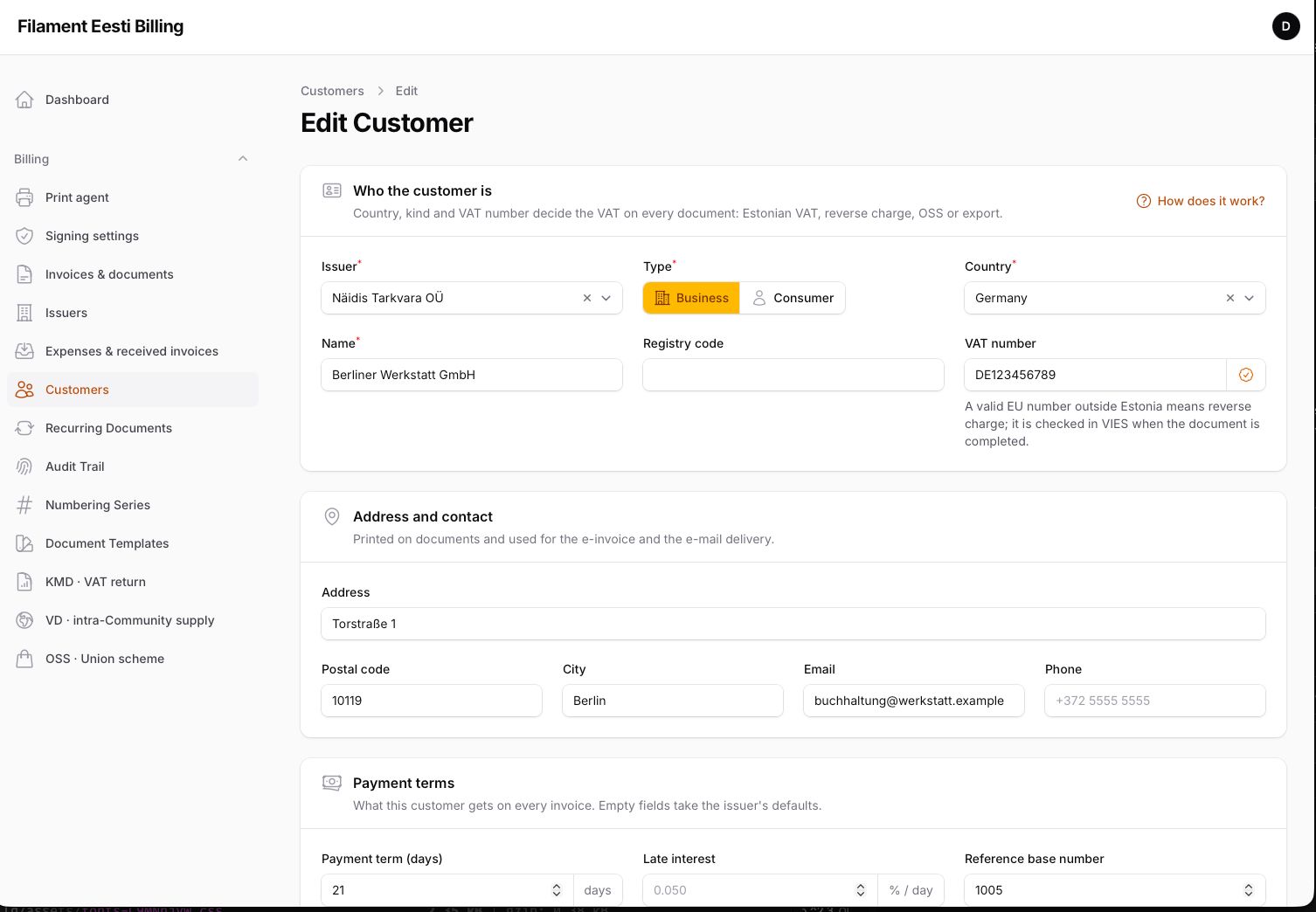 Customers — business or consumer, register lookup, VIES