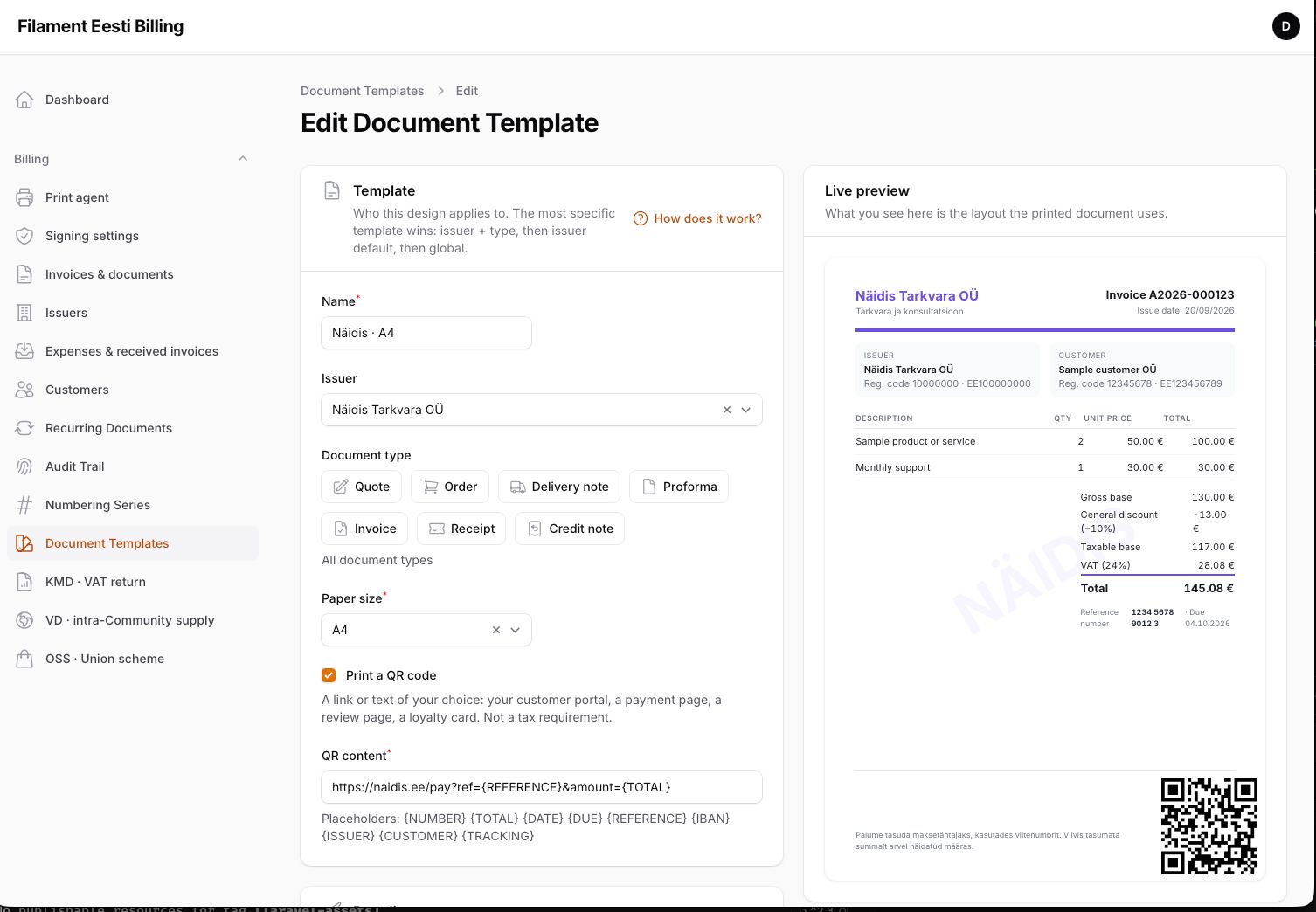 Document preview — A4 with payment QR