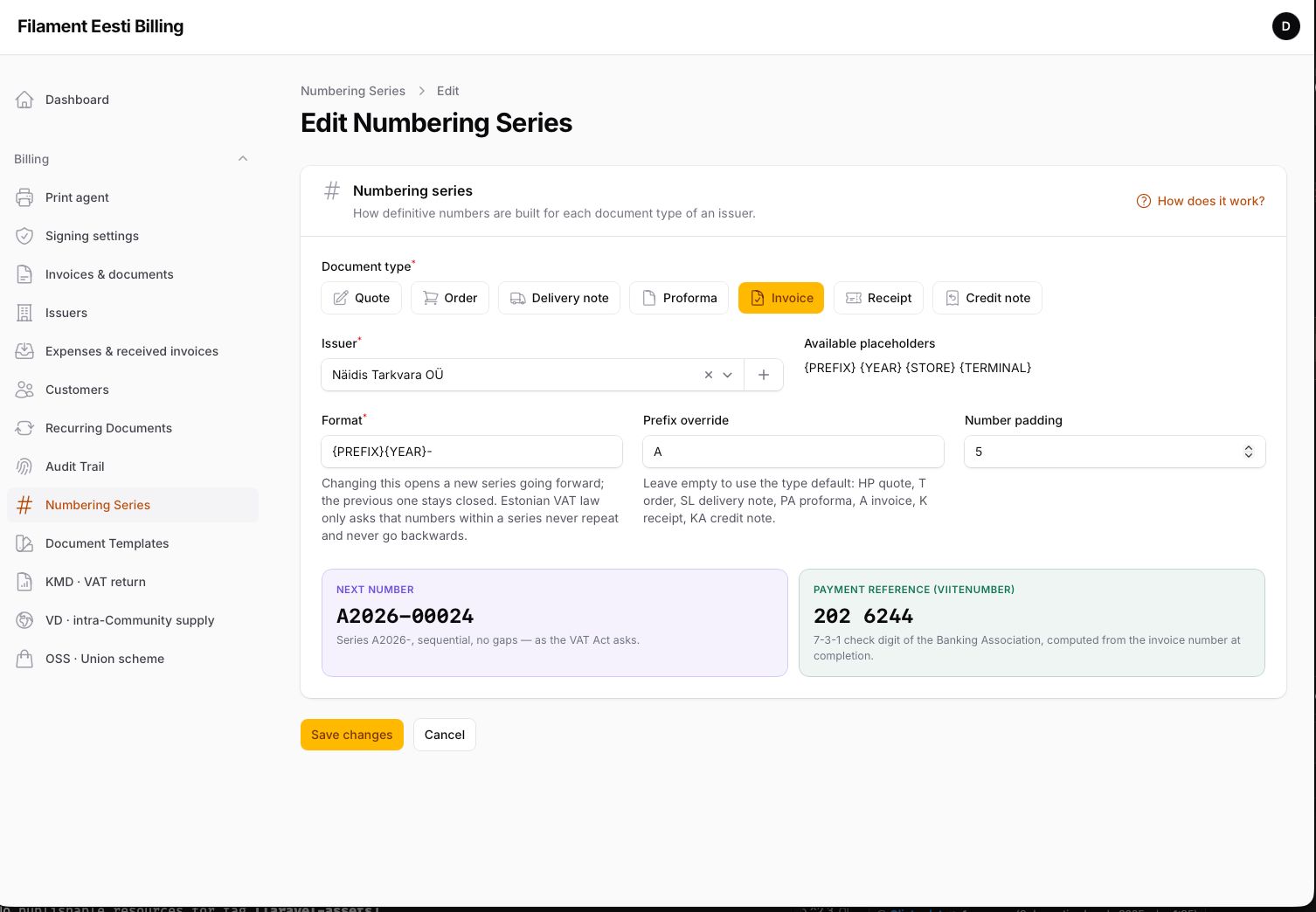 Template designer — live A4 preview