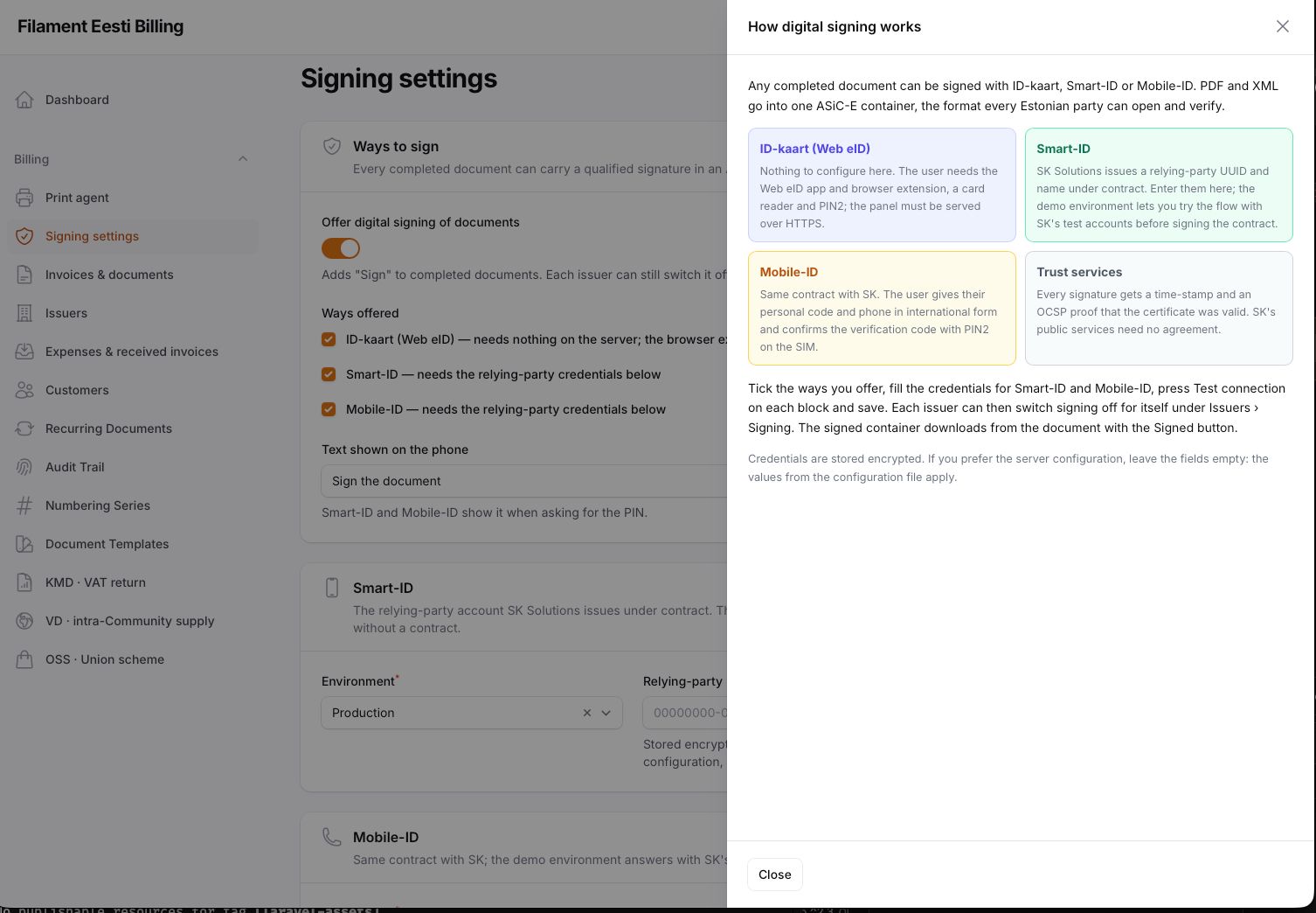 Signing settings — SK credentials with test connection